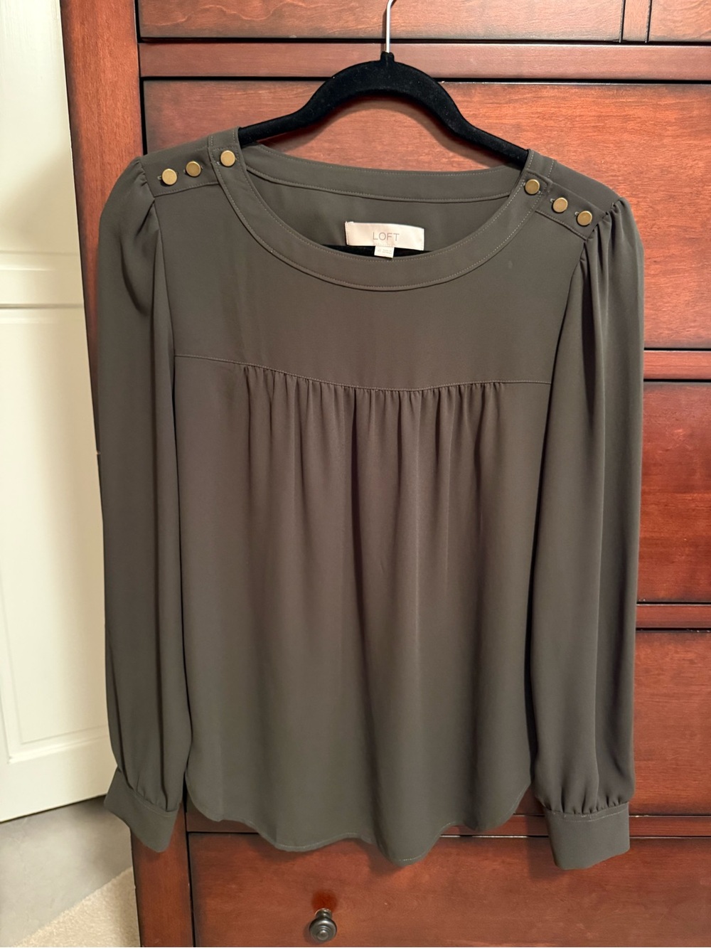 LOFT Olive Green Button-Shoulder Long Sleeve Blouse